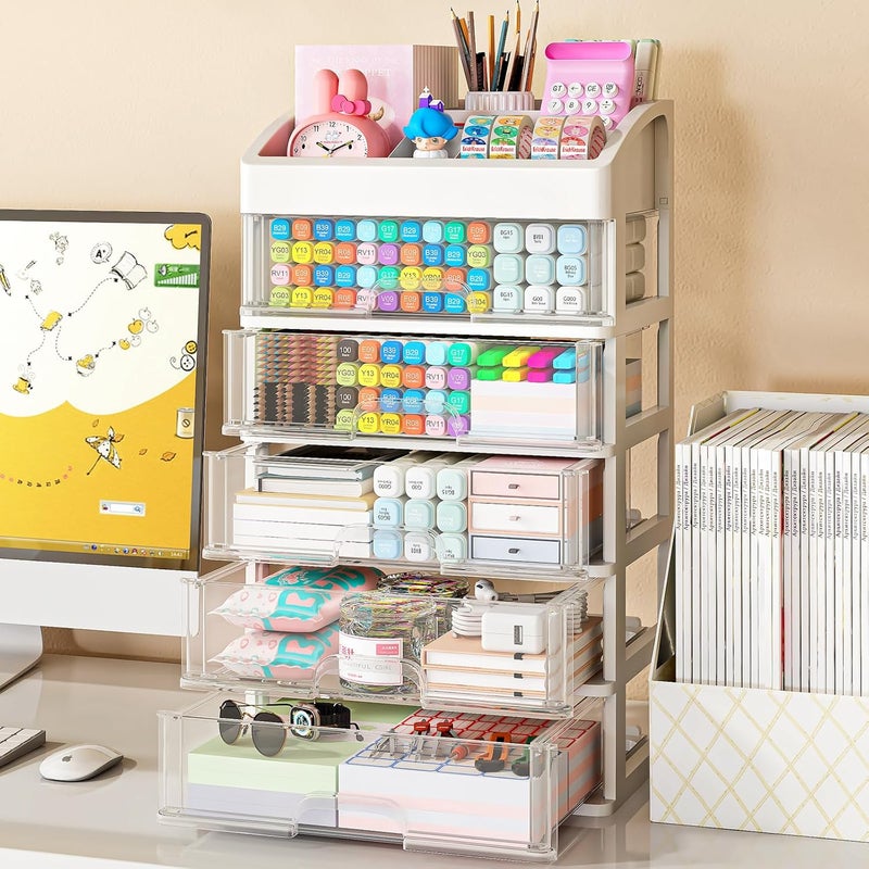 ORGIDOL Desk Organizer with Drawers, 5 Drawers Storage Organizer, Desktop Storage Drawers for Office Supplies, Plastic Stationary Organizer, Makeup Organizer, Desk Storage Box for Office, School, Home - Image 2
